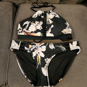 Athleta Polynesia Black Floral High Neck Ladder 2 Piece Bikini Set